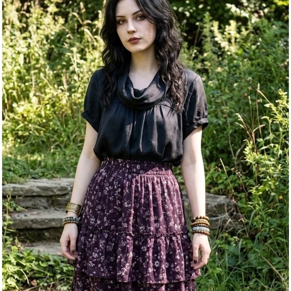 a.n.a XL Black Silk Cotton Cowl Neck Pleated Blouse Short Sleeve‎ Goth Witchy